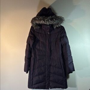 London Fog Women's Midnight Purple Down Puffer Coat with Faux Fur Hood, Size M
